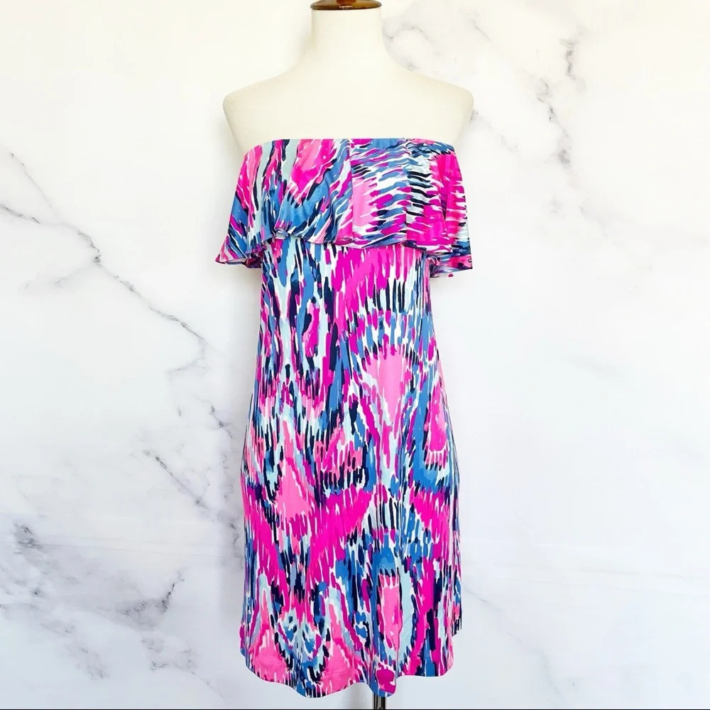 Lilly Pulitzer Strapless Ruffle Sundress in Pink, Blue, White